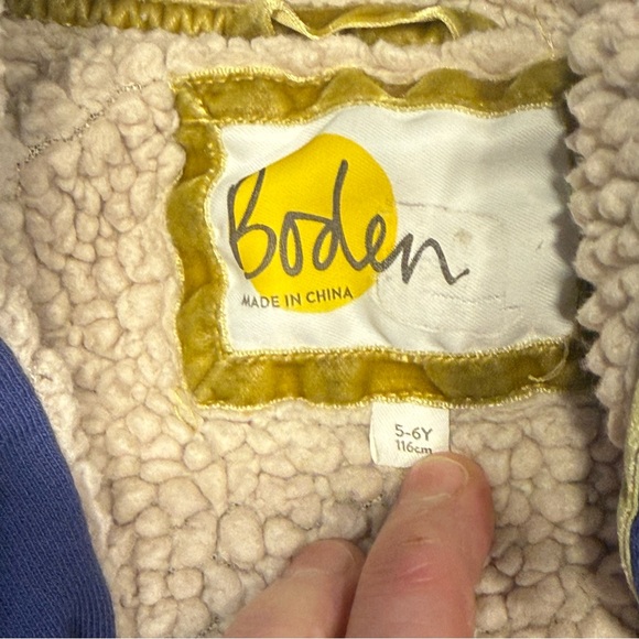 Boden Kids' Blue Hoodie Sherpa lined with Multicolored Dots - Picture 2 of 8